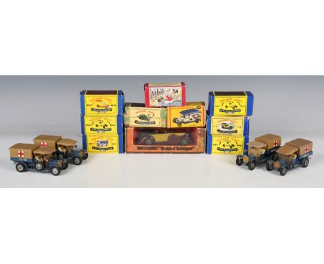 A collection of Matchbox Models of Yesteryear vehicles, including two Y-60 car sets, two Y-21 Aveling Porter steam rollers, Y