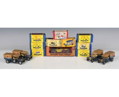 A collection of Matchbox Models of Yesteryear vehicles, including two Y-60 car sets, two Y-21 Aveling Porter steam rollers, Y