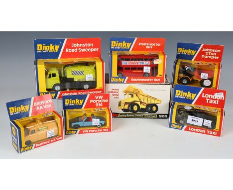 Seven Dinky Toys vehicles, comprising No. 208 VW Porsche 914, No. 284 London taxi, No. 289 Routemaster bus, No. 412 Bedford v