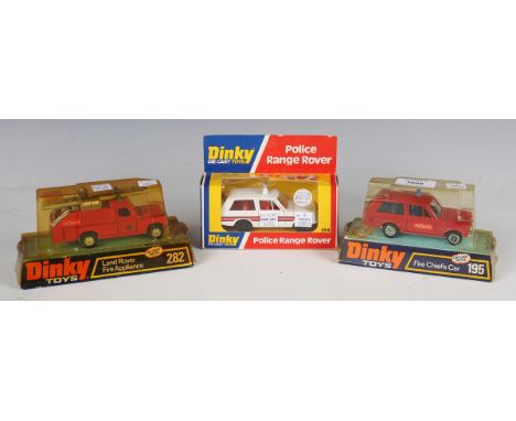 Seven Dinky Toys emergency vehicles, comprising No. 195 fire chief's car, No. 254 Police Range Rover, No. 263 airport fire re