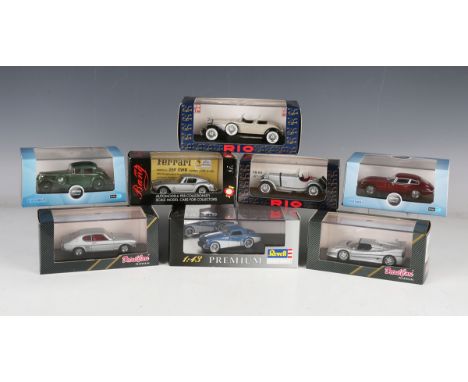 Eight various model cars, including Revell 1:43 scale Triumph TR3A, Deetail Cars Ferrari F50 and Oxford Automobile Company Ja