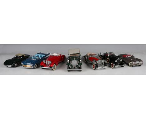 Thirteen Franklin Mint and Danbury Mint 1:24 and 1:43 scale model cars, including Jaguar SS-100, 1968 Chevrolet Corvette, 193