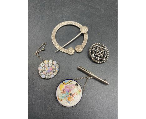 A silver Celtic pin button satsuma brooch etc.