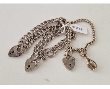 Three silver bracelets with heart padlock 41 gms