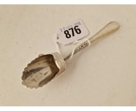 A Victorian caddy spoon with scoop shaped bowl, MOP handle, Birmingham 1895