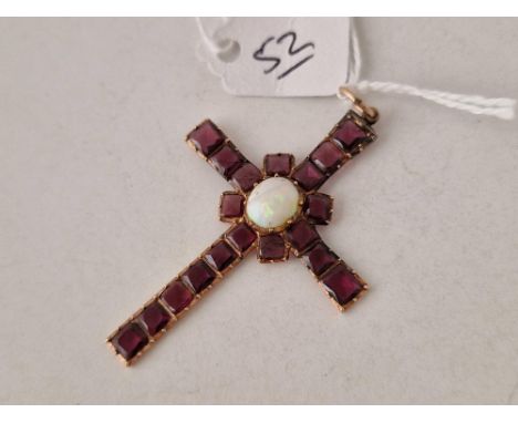 A VICTORIAN GARNET AND OPAL CROSS 15CT GOLD 50MM LONG BOXED