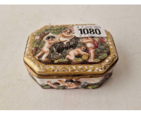 A Naples snuff box painted with figures in relief, gilt metal mounts, 3.5" wide