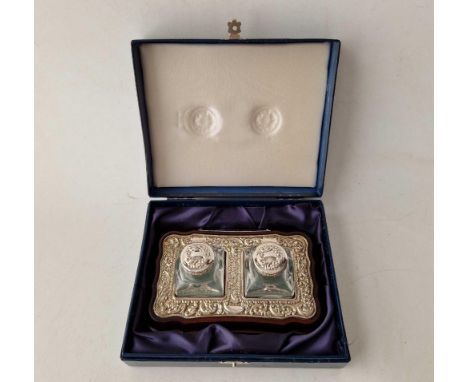 A boxed two bottle silver mounted inkwell on wood base, 6 inches wide, Sheffield 1995