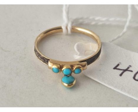 A Georgian memorial gold ring set with three turquoise and with one heart shaped turquoise suspended from the head of the rin