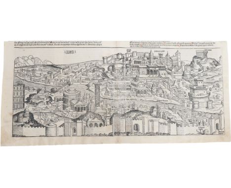 One of the earliest views of the cities of Rome and Genoa (verso) from Hartmann Schedel's Nuremberg Chronicle, printed by Kob