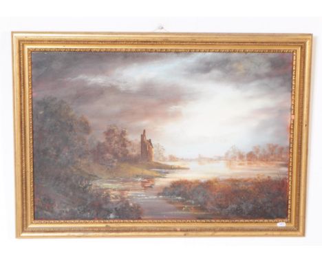 J K Whitton - Vintage 20th century oil on canvas painting. Depicting a lake side scene with castle turret ruin and overcast s