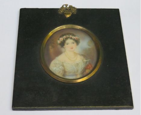 HANDPAINTED OVAL MINIATURE PORTRAIT WITHIN EBONISED FRAME 