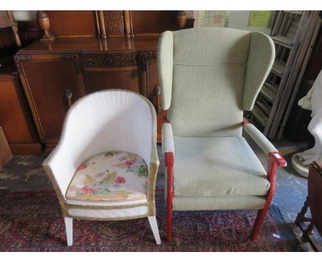 GREEN ARMCHAIR AND LLOYD LOOM STYLE COMMODE 