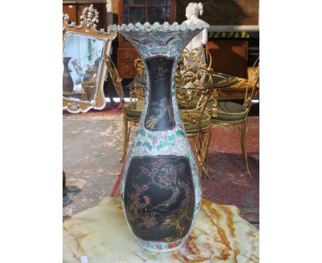 LARGE HANDPAINTED, GILDED AND FLORAL DECORATED CERAMIC VASE, STAMPED WITH ORIENTAL CHARACTER MARKS, APPROXIMATELY 75cm HIGH 