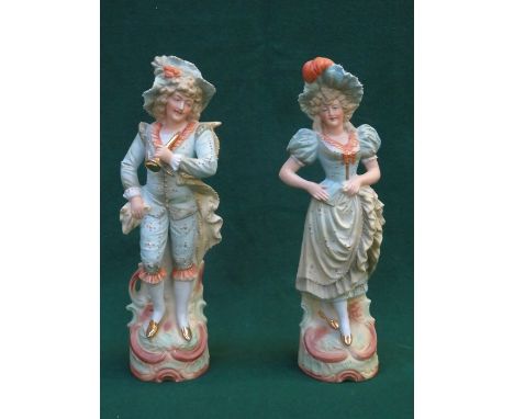PAIR OF CONTINENTAL UNGLAZED CERAMIC FIGURES, APPROXIMATELY 37cm HIGH 