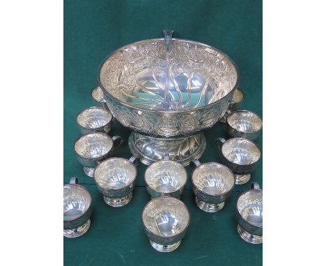 VINERS SILVER PLATED AND REPOUSSE DECORATED PUNCH BOWL WITH LADLE AND CUPS 