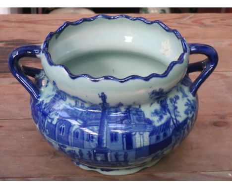 BLUE AND WHITE IRONSTONE TWO HANDLED CERAMIC POT