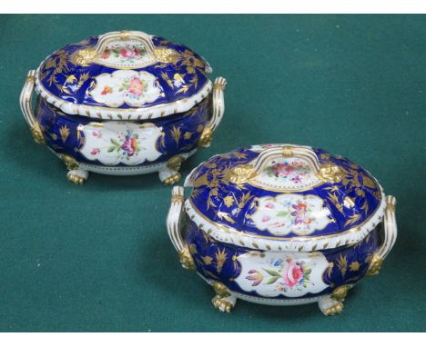 PAIR OF EARLY DERBY HANDPAINTED AND GILDED FLORAL DECORATED CERAMIC MINIATURE TWO HANDLED TUREENS 