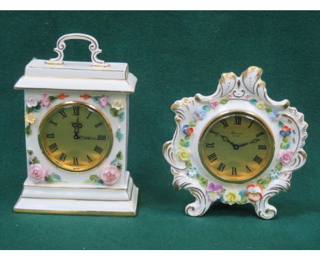 TWO COALPORT FLORAL RELIEF DECORATED CERAMIC MANTEL CLOCKS 