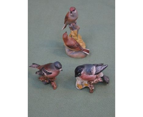 TWO BESWICK GLAZED CERAMIC BIRDS - BULLFINCH AND CHAFFINCH, ROYAL WORCESTER UNGLAZED CERAMIC FIGURE GROUP DEPICTING LINNETS 