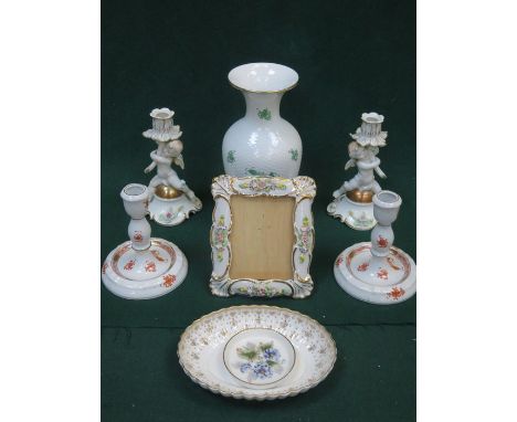 HEREND CERAMIC VASE, PAIR OF CHERUB FORM CANDLESTICKS, ANOTHER PAIR OF CHERUB CANDLESTICKS, PHOTO FRAME, ETC. 