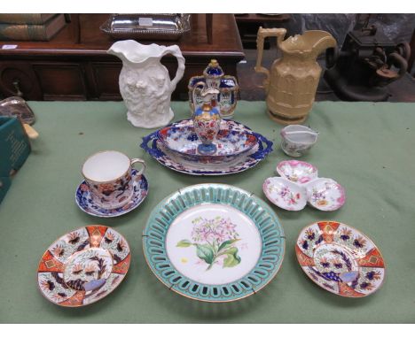 MIXED SUNDRY LOT OF CERAMICS INCLUDING SPODE SAUCERS, FLORAL STEMMED DISH, VICTORIAN JUGS, ETC. 