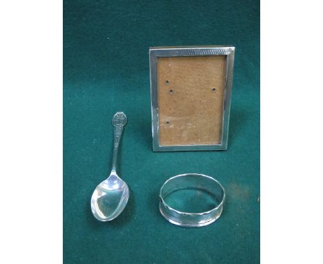 SMALL SILVER PHOTO FRAME, SILVER NAPKIN RING AND SILVER SPOON