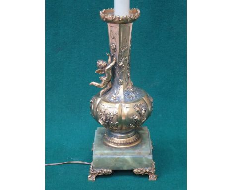 DECORATIVE GILDED TABLE LAMP WITH RELIEF CHERUB ON ONYX BASE 