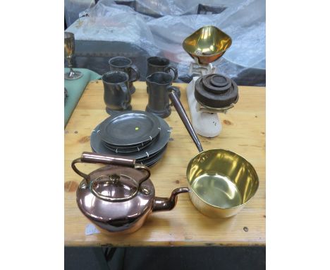 PARCEL OF PEWTER TANKARDS, PEWTER PLATES, WEIGHING SCALES, COPPER KETTLE 