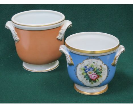 VISTA ALEGRE HANDPAINTED, GILDED AND FLORAL DECORATED TWO HANDLED CERAMIC JARDINIERE PLUS ONE OTHER SIMILAR 