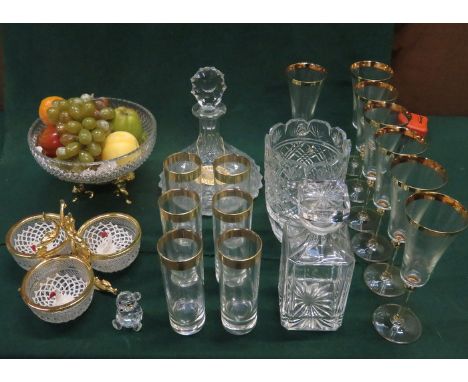 FRUIT BOWL ON GILT METAL STAND, SHIP'S DECANTER AND VARIOUS GILDED DRINKING GLASSES, ETC. 