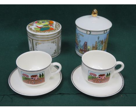 ROSENTHAL CERAMIC STORAGE POT WITH COVER, ONE OTHER PLUS PAIR OF VILLEROY & BOCH CUPS AND SAUCERS