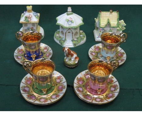 THREE COALPORT CERAMIC COTTAGES, CERAMIC DOG PILL BOX AND FOUR VIENNA COFFEE CANS AND SIX SAUCERS