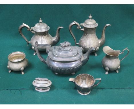 MIXED LOT OF PLATED WARE INCLUDING FOUR PIECE TEA SET, MILK JUG, LIGHTER, ETC. 