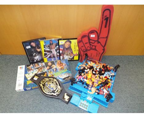 World Wrestling Federation (WWF) - A good collection to include action figures, ring, foam finger, belt, MB board game, circa