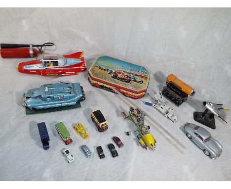 A Holland's Toffee vintage tin depicting racing cars, a diecast model Granada Ventures 2005 supercar, a diecast SPV, a Corgi 