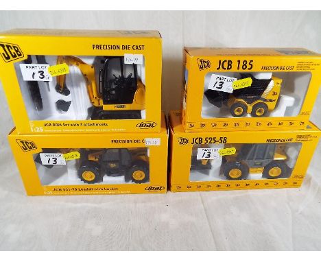 JCB - four diecast models by Joal comprising Robot 185, 8016 set with three attachments, Loadall with bucket 531-70 and Loada
