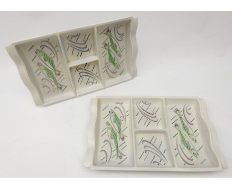 Two 1950s Poole Hors D'oeuvre's sectional dishes painted with fish, possibly designed by Ruth Pavely, L34.5cm  Condition Repo