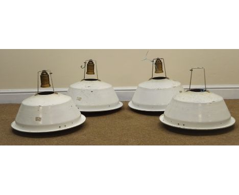 Set of four industrial white enamel pendant light fittings, three having a three tier diffuser, D501cm (4) Condition Report C