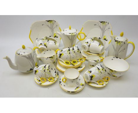 Art Deco Shelley 'Sunlight and Tall Trees' pattern tea and coffee service circa 1935, comprising tea pot & stand, hot water p