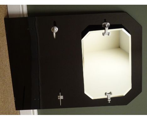 Black vitrolite glass splash back, canted corners with adjustable bevel edge mirror above cup holder and single shelf, W64cm,