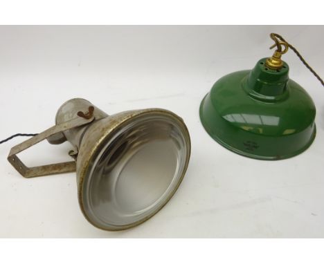 Industrial cast metal light fitting by R.E.A.L, H34cm and Benjamin style green enamel light fitting (both re-wired)  Conditio