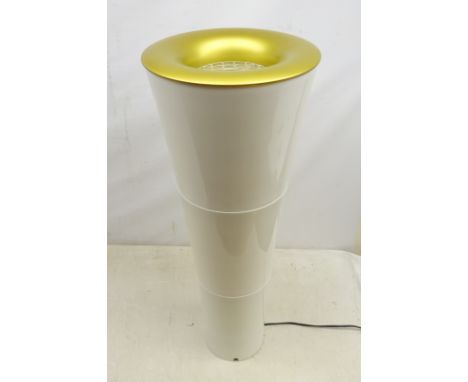 1980s Kaoyi up-light floor lamp, white plastic conical form body, gold coloured ring top with clear plastic gird and dimmer s