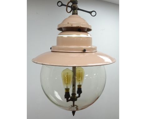 Pink enamel industrial pendant light fitting, two branch with clear glass globular shade, H66cm approx (re-wired) Condition R