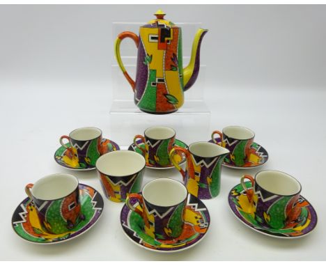 Art Deco Royal Winton Grimwades Jazz pattern coffee set for six comprising coffee pot, six coffee cans & saucers, sugar bowl 