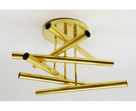 1970's polished brass light fitting by Gaetano Sciolari (1927-1994), circular supporting six suspended double-end branches, D