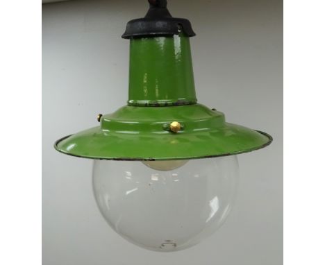 Green enamel industrial pendant light fitting with clear glass globular shade, H50cm (re-wired) Condition Report Click here f