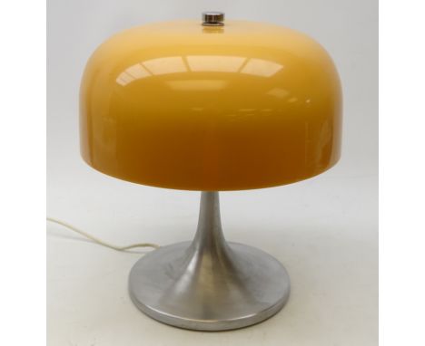 Harvey Guzzini 'Mushroom' table lamp, chromed metal tulip stem with amber plastic shade, makers label, H41cm x D35cm  Conditi