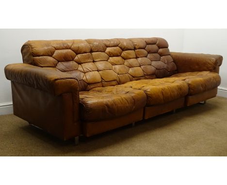 1970's De Sede DS-P three seat cognac leather extendable sofa on chrome supports, designed by Robert Haussmann, W233cm Condit