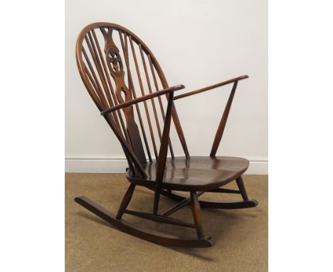 Ercol dark elm stick back rocking armchair with contemporary Prince of Wales feathers pierced splat, W75cm Condition Report C